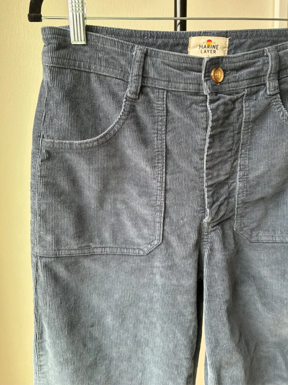 Maine Layer Blue Corduroy Flare Pants with a Raw Hem - Size 10